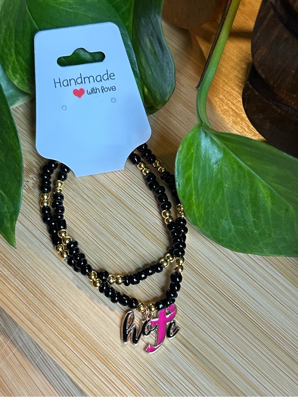🎀Breast Cancer Awareness 2-PC Stretchy Bracelet Set |‎ Handmade |Dangle Charm🎀